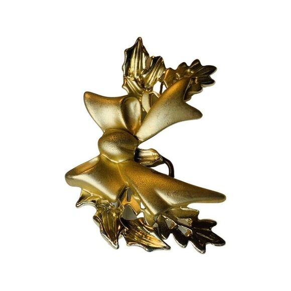 Vintage Gold Tone Christmas Bow Holiday Pendant Brooch Pin.  2in - Picture 3 of 6